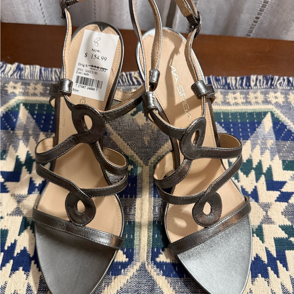 Via Spiga Metallic Gray Strappy High-Heel Sandals